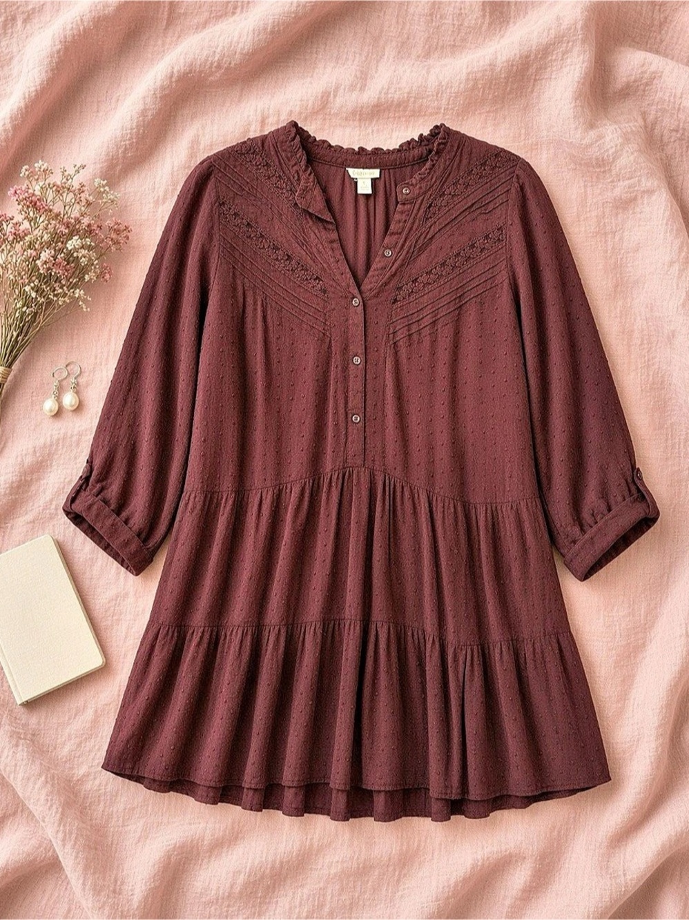 Cato XL Burgundy Swiss Dot Tunic | Lace & Ruffles 🍷